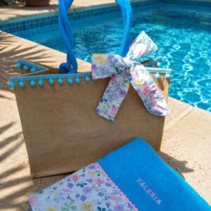 Conjunto yute flores turquesa